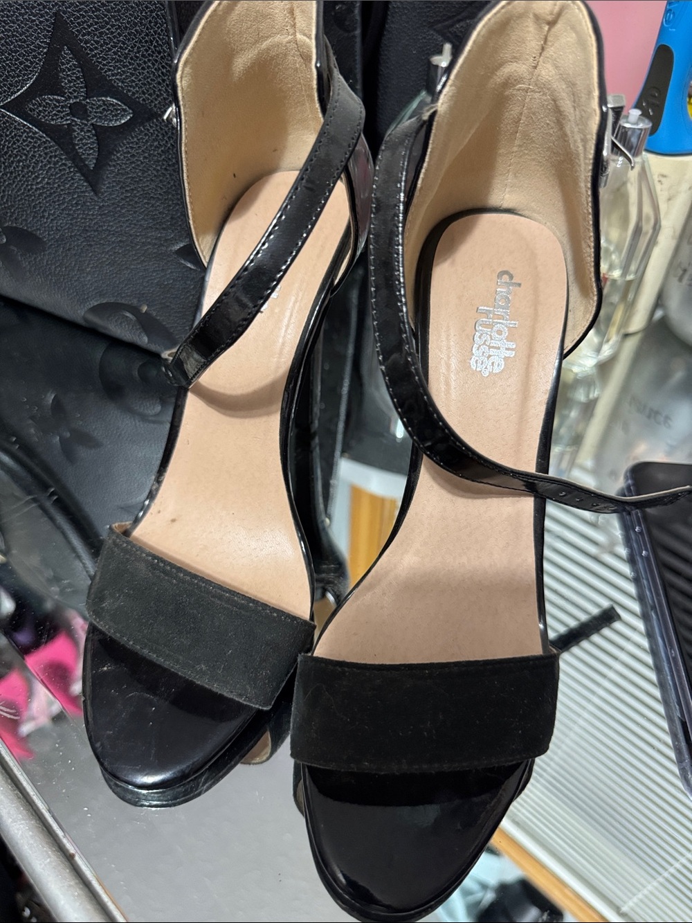 Charlotte Russe Black Suede & Patent Strap Heels